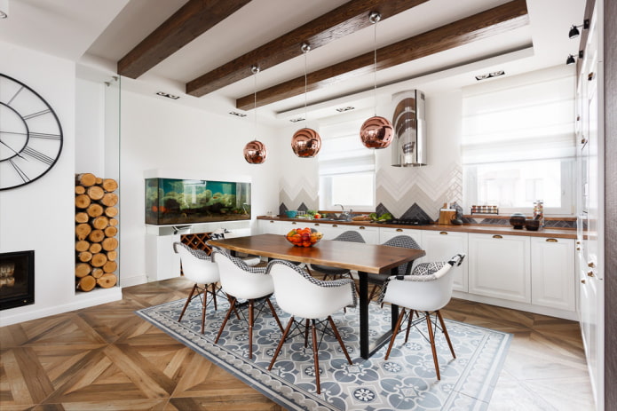 two-level design with beams in the kitchen