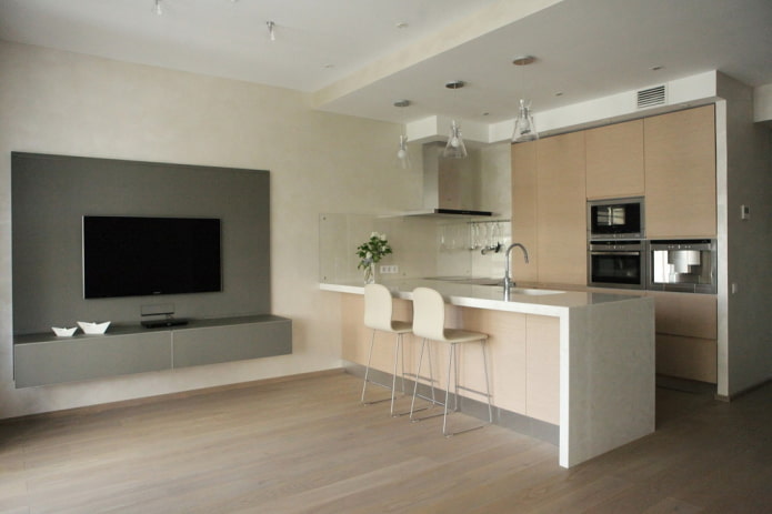 two-level plasterboard structure in the kitchen
