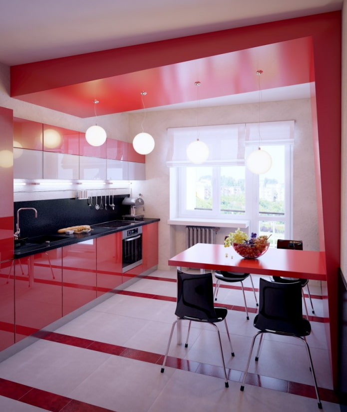 red two-level design in the kitchen