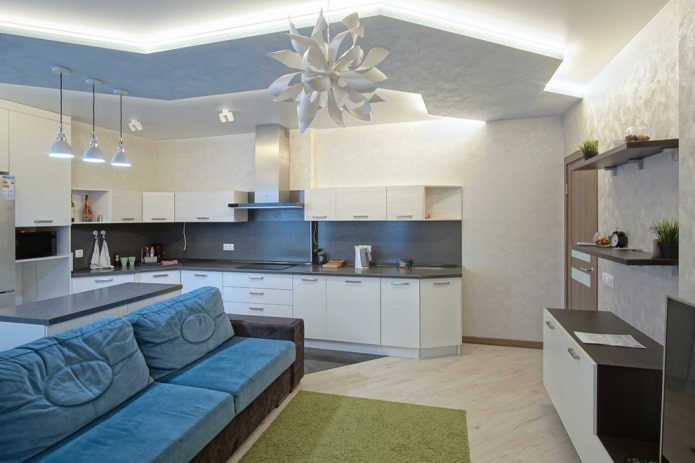 two-level design in the interior of a kitchen-living room