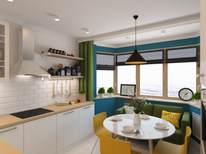 two-level design in the interior of the kitchen with a bay window