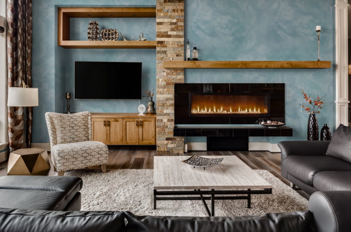blue walls in the living room with a beautiful effect