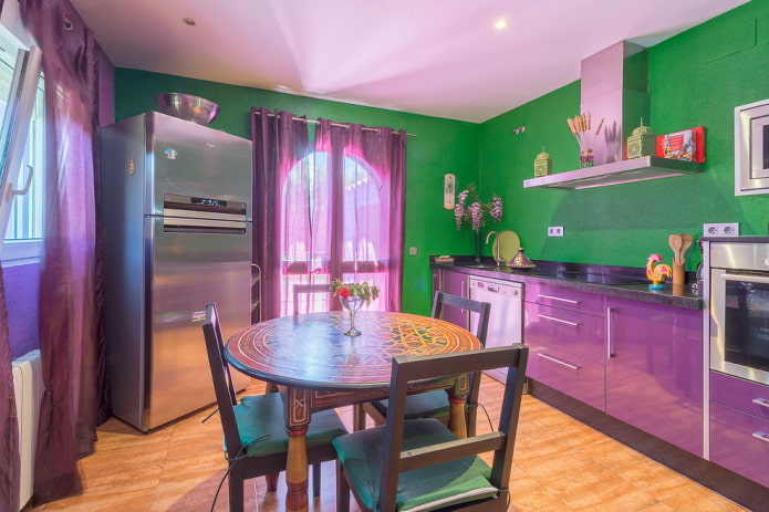 kitchen design in purple and green tones