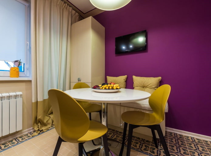 kitchen design in purple tones with yellow accents