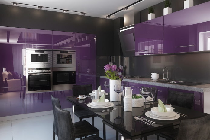 kitchen design in black and purple tones