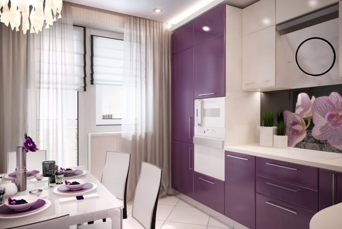 curtains in the kitchen interior in purple tones