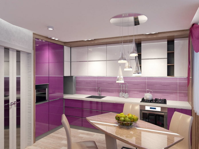 decor and lighting in the kitchen interior in purple tones