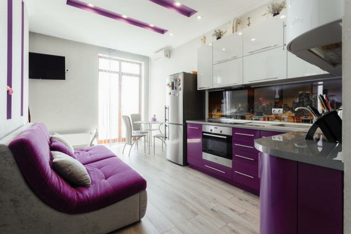 furniture in the kitchen interior in purple tones