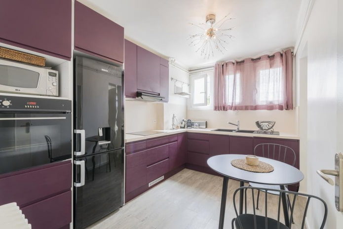 furniture in the kitchen interior in purple tones