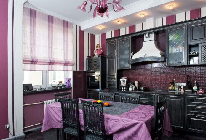 curtains in the kitchen interior in purple tones