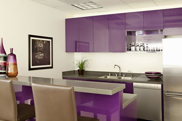 furniture in the kitchen interior in purple tones