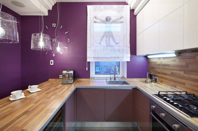curtains in the kitchen interior in purple tones
