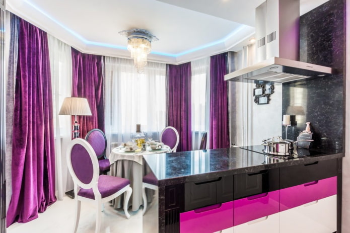 curtains in the kitchen interior in purple tones