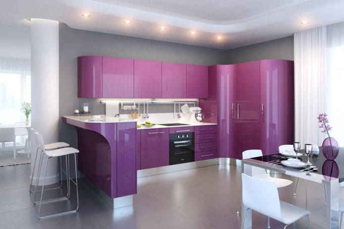 decor and lighting in the kitchen interior in purple tones