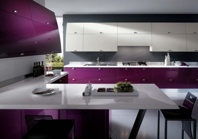 kitchen in purple tones in the style of hi-tech
