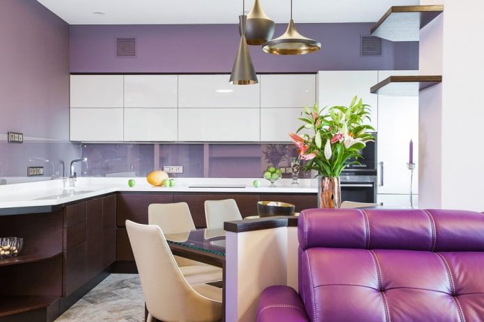 decor and lighting in the kitchen interior in purple tones