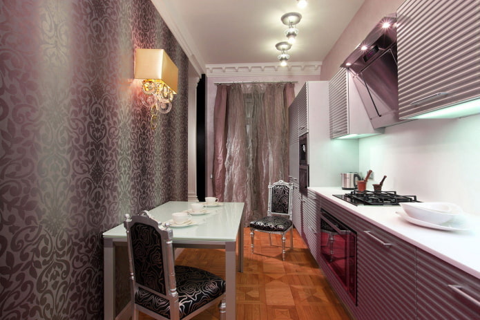 wallpaper in the kitchen interior in purple tones