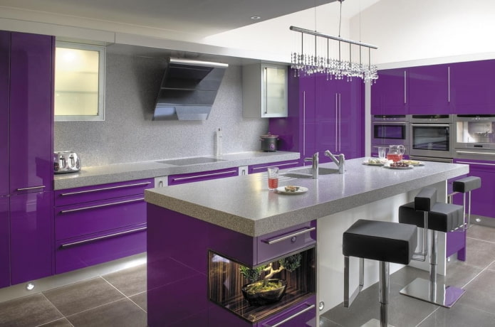 furniture in the kitchen interior in purple tones