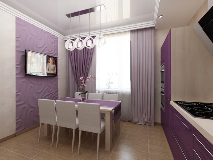 curtains in the kitchen interior in purple tones