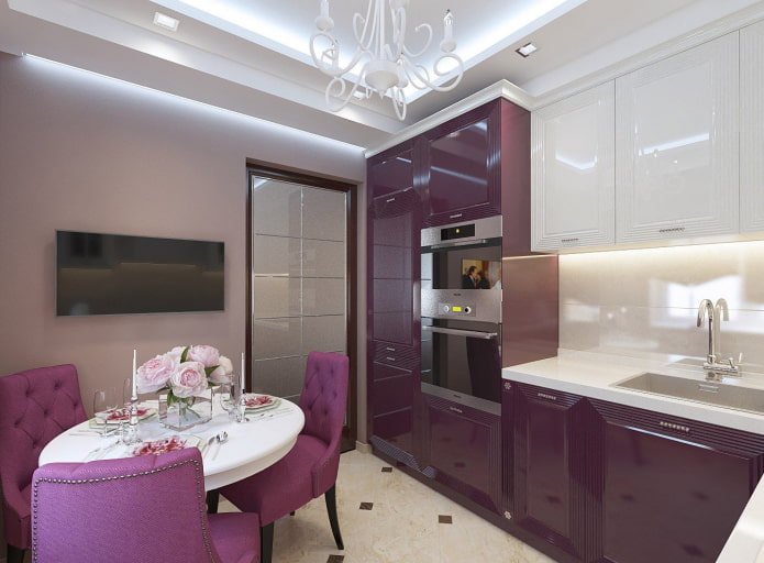 furniture in the kitchen interior in purple tones