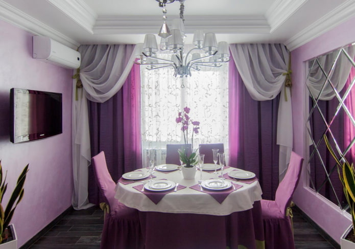 curtains in the kitchen interior in purple tones