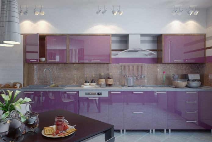decor and lighting in the kitchen interior in purple tones