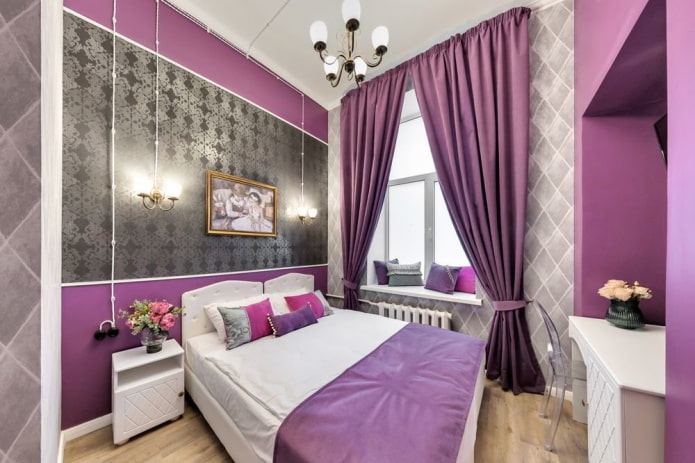 gray and lilac bedroom interior