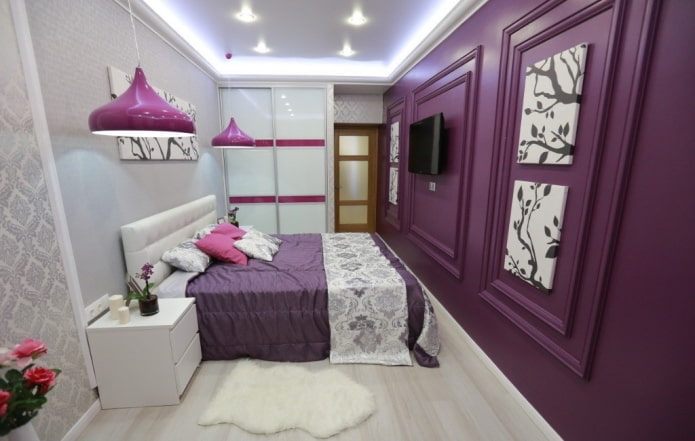 white and lilac bedroom interior