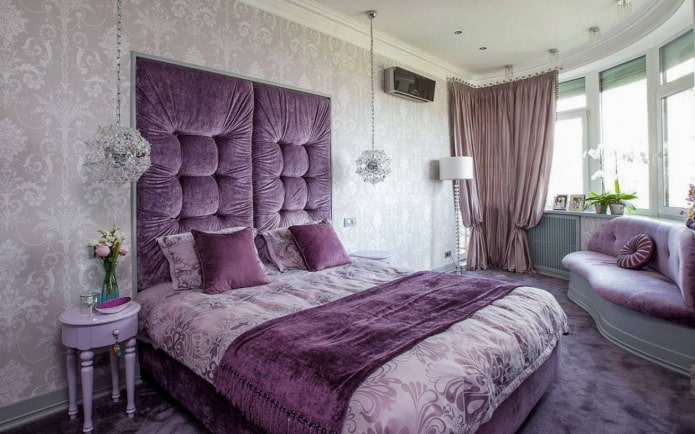 gray and lilac bedroom interior