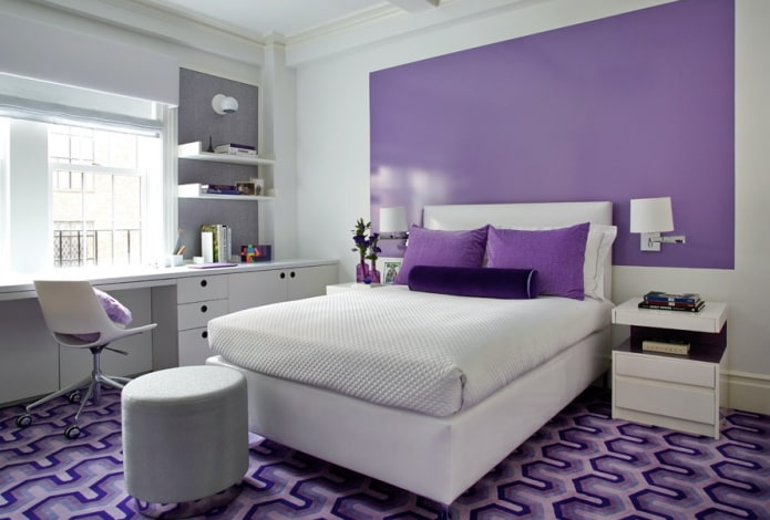 white and lilac bedroom interior