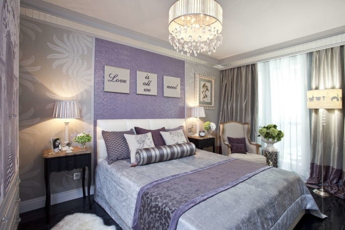 gray and lilac bedroom interior