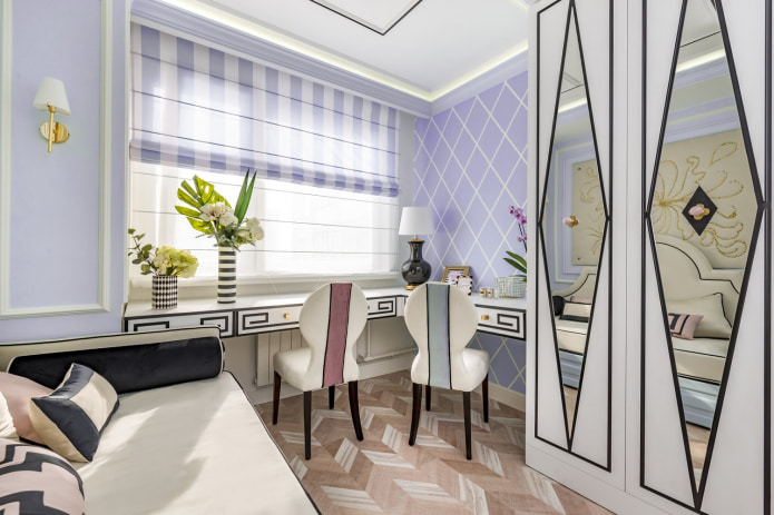 Purple and white striped roman blinds