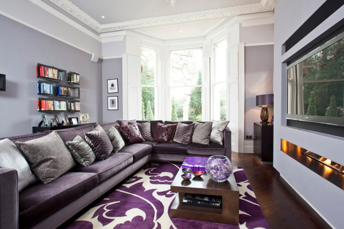 modern living room with a purple sofa