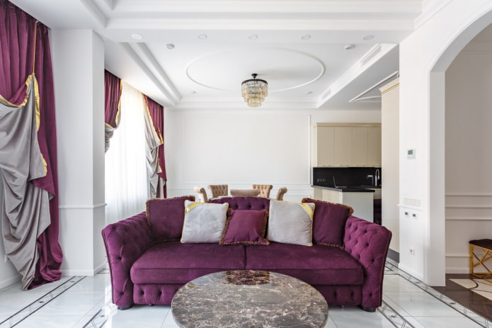 curtains and a sofa in purple