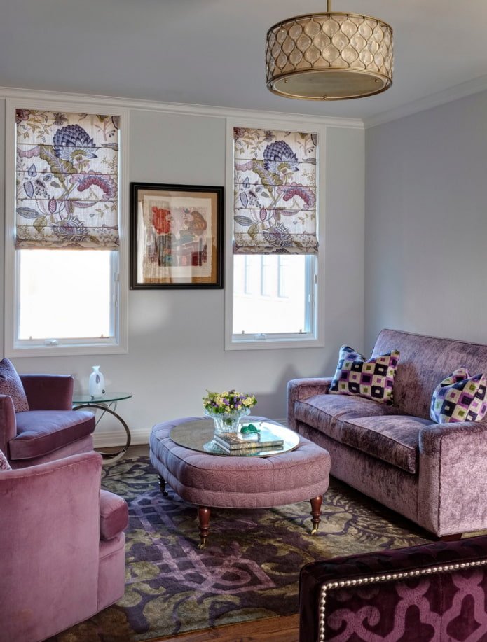 Roman blinds with a purple pattern