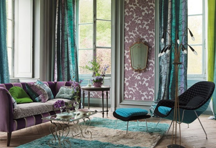 a combination of purple and turquoise in the interior