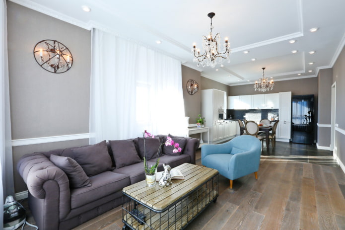 purple sofa in the kitchen-living room
