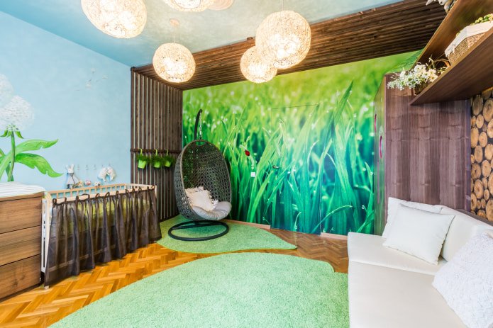 grass wallpaper in a newborn's room