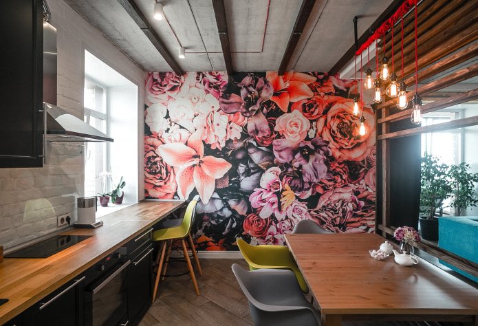 loft style kitchen with photo wallpaper