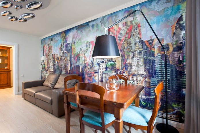 wallpapering one of the walls with a city image