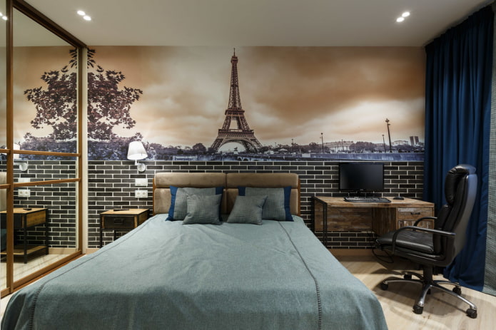 combination of photo wallpaper and brick finish
