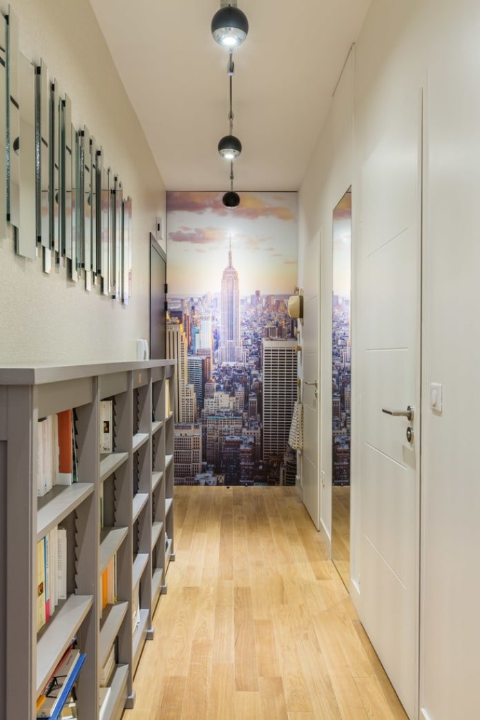 wallpaper with a city pattern in the hallway