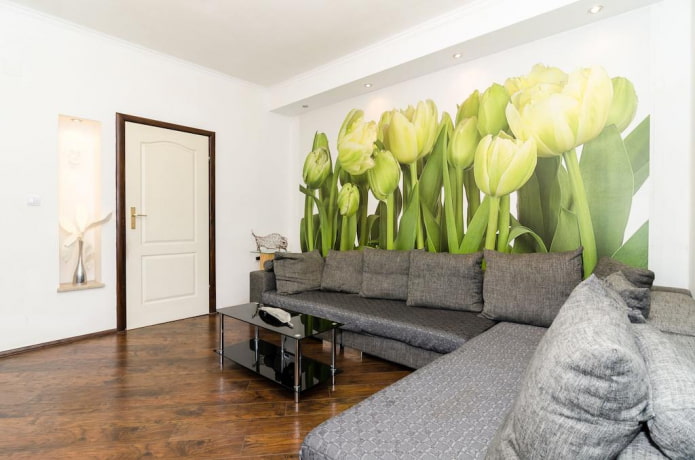 light green wallpaper in combination with a wooden floor