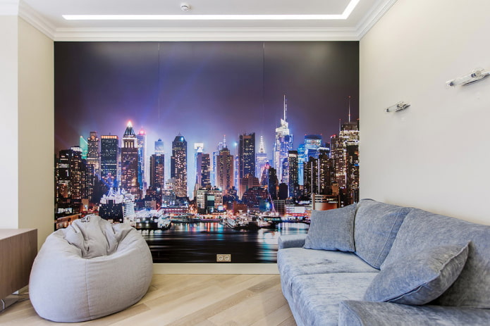 wallpaper with a picture of a night city in the living room