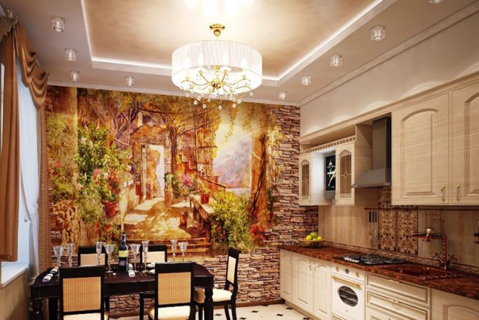 fresco on a stone accent wall in the kitchen