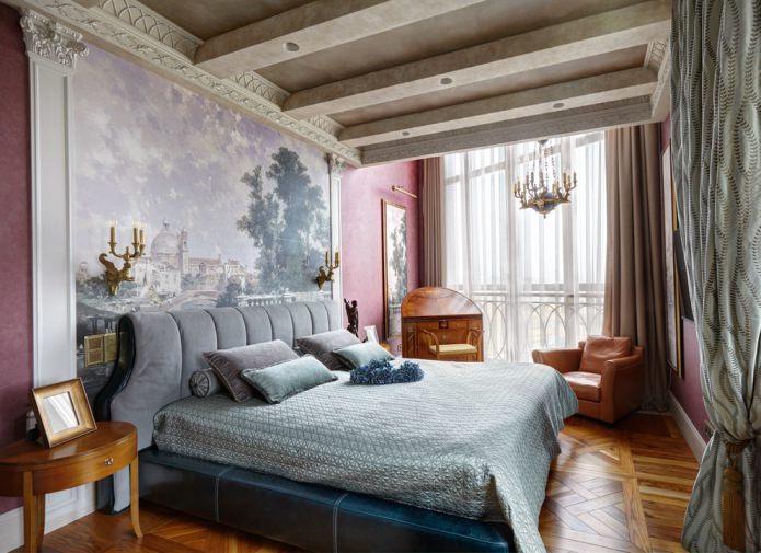 the wall at the head of the bed in the bedroom in a classic style is decorated with painting on non-woven fabric