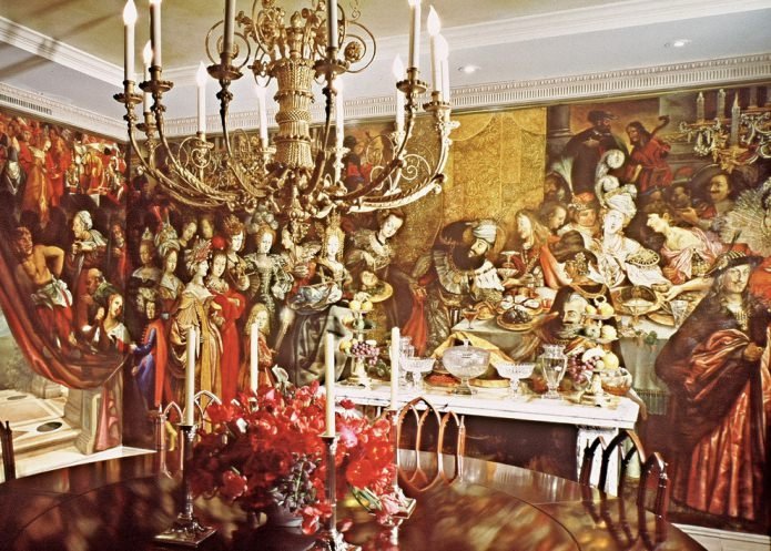 interior with a themed fresco from the everyday life of the Middle Ages