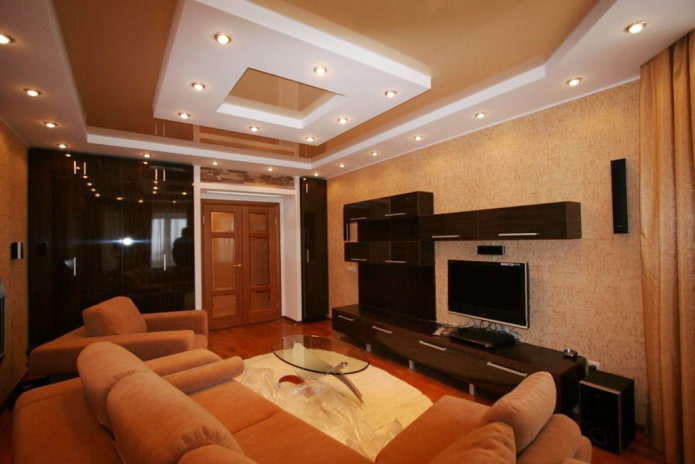 plasterboard construction with stretch fabric in the living room