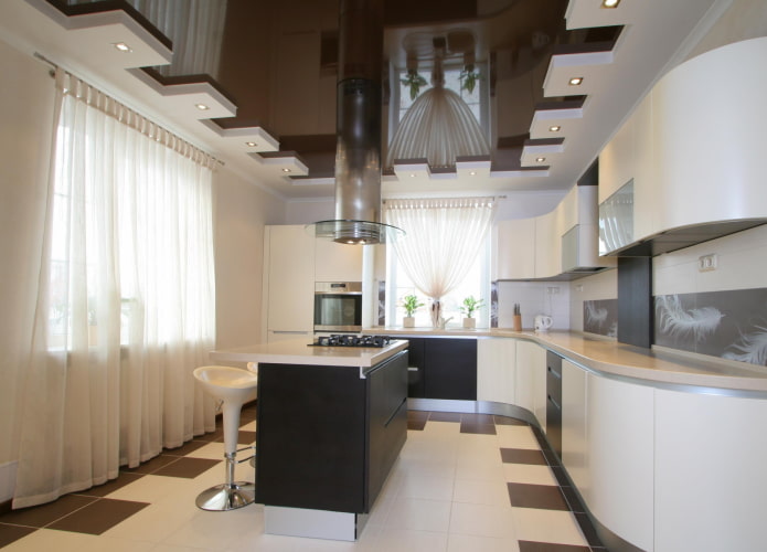plasterboard construction with a stretch ceiling in the kitchen