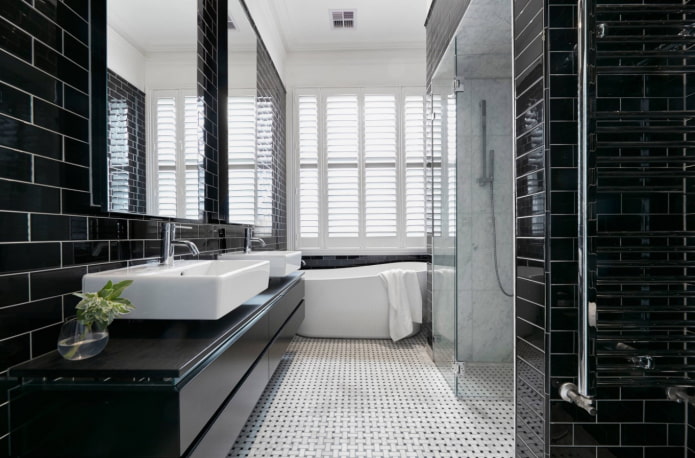 black glossy tile in the bathroom